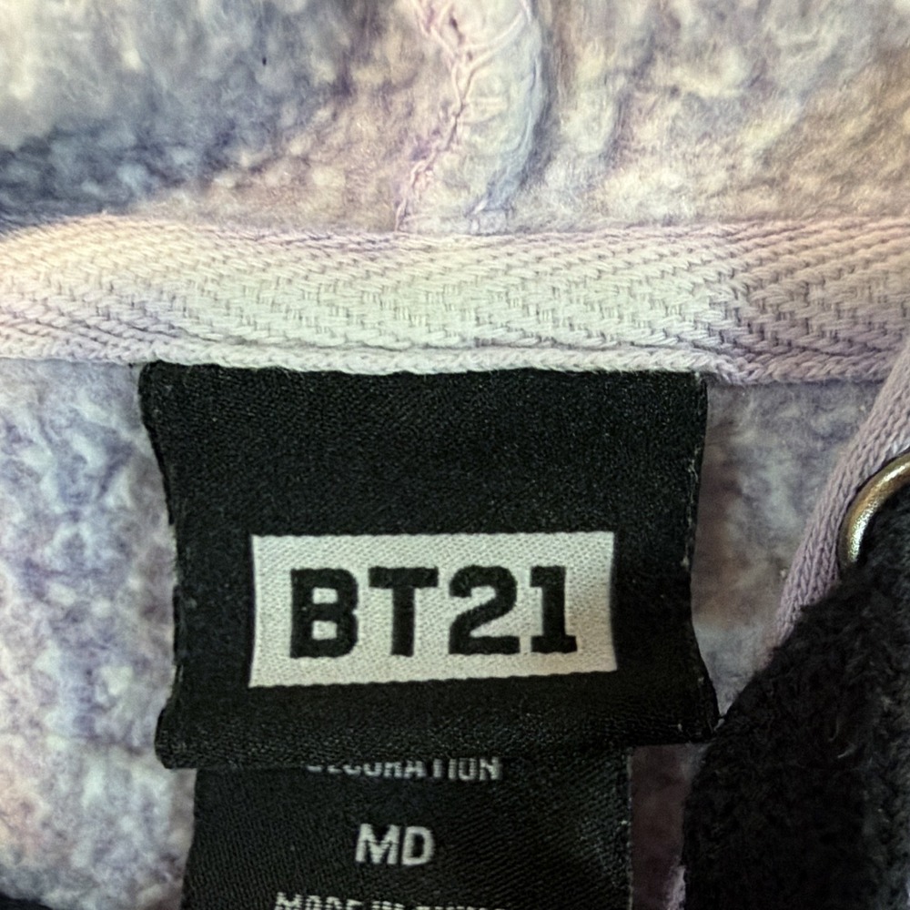 BT21 Purple White Tie-Dye Pullover Hoodie Kangaroo Pocket Medium Cartoon KPop - Picture 6 of 15